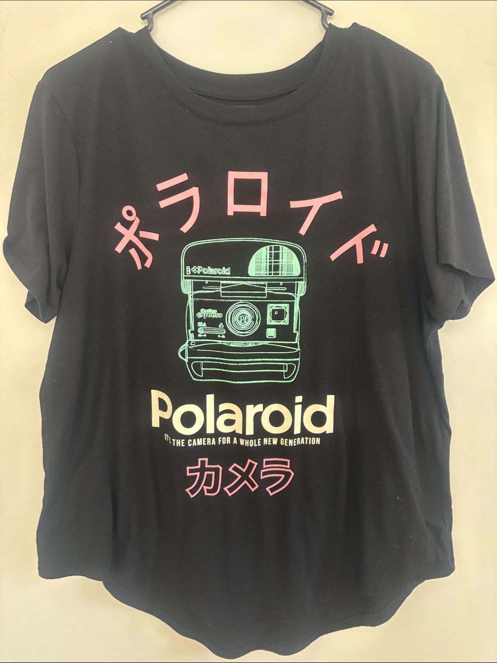 Polaroid women’s Black T‑Shirt with Mint Camera and Pink Japanese Text